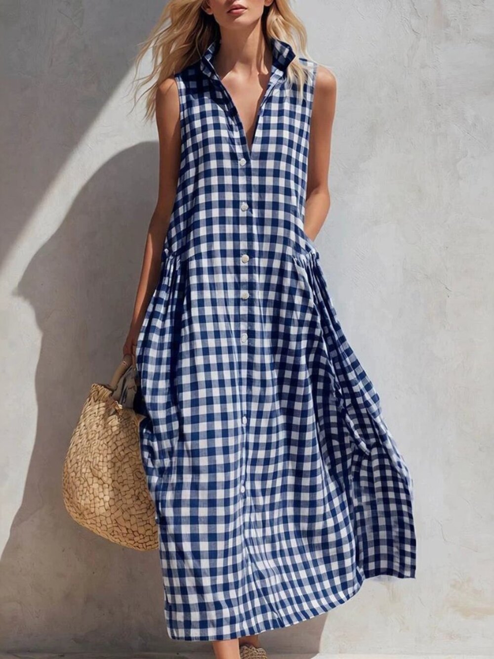 Women's Navy Gingham Collared Sleeveless Relaxed Maxi Dress